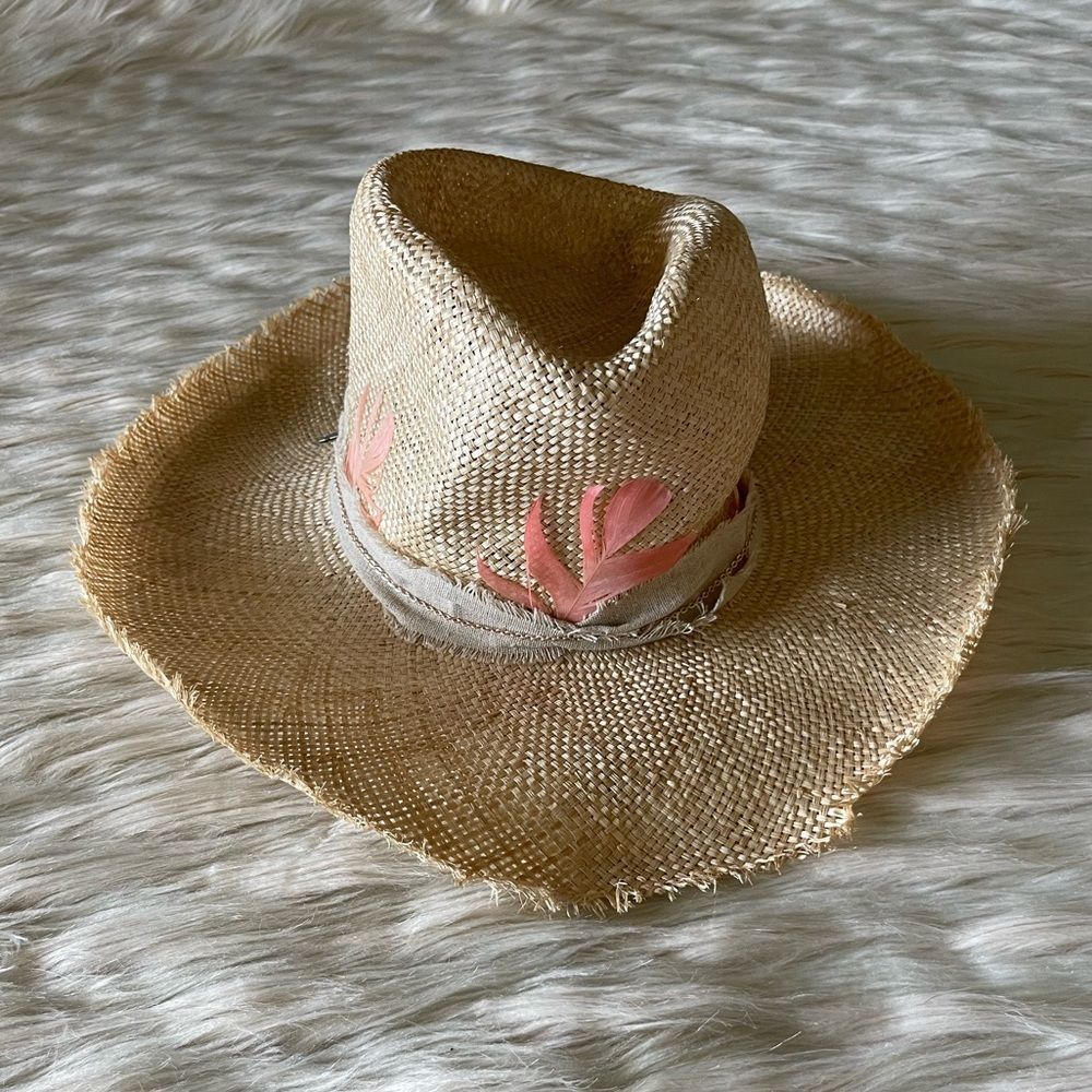 House of Lafayette Tan Straw cowgirl Hat with feathers.